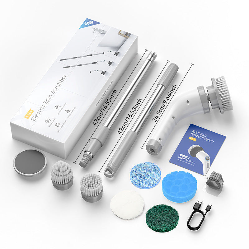 7-in-1 electric spin scrubber kit with brush heads, pads, extension rods and USB-C cable - Gray