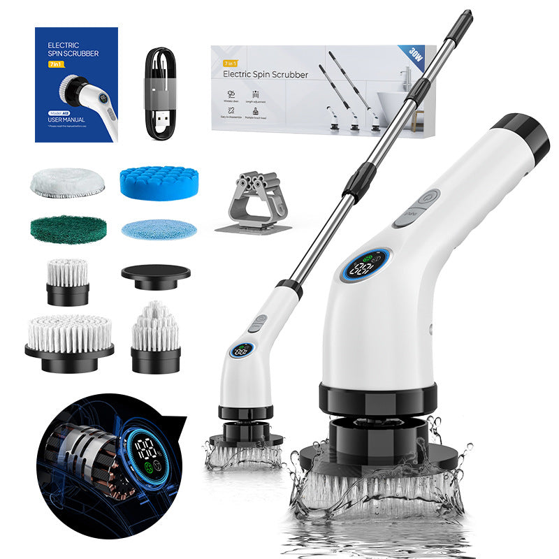 Electric spin scrubber with 7 interchangeable brush heads and pads, extension handle and accessories